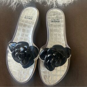 Stuart Weitzman jelly sandals size 8 black flower step ins beach